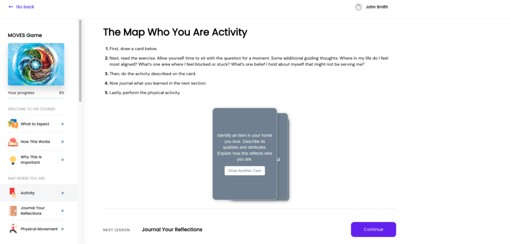 Screenshot of an online course page titled “The Map Who You Are Activity” from the MOVES Game digital platform. It shows instructions for a card-based reflection activity, with a visible card prompt and progress tracker.